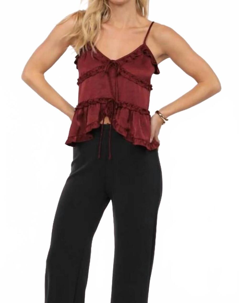 NEW SADIE & SAGE women's ivy ruffle trim v-neck top in burgundy